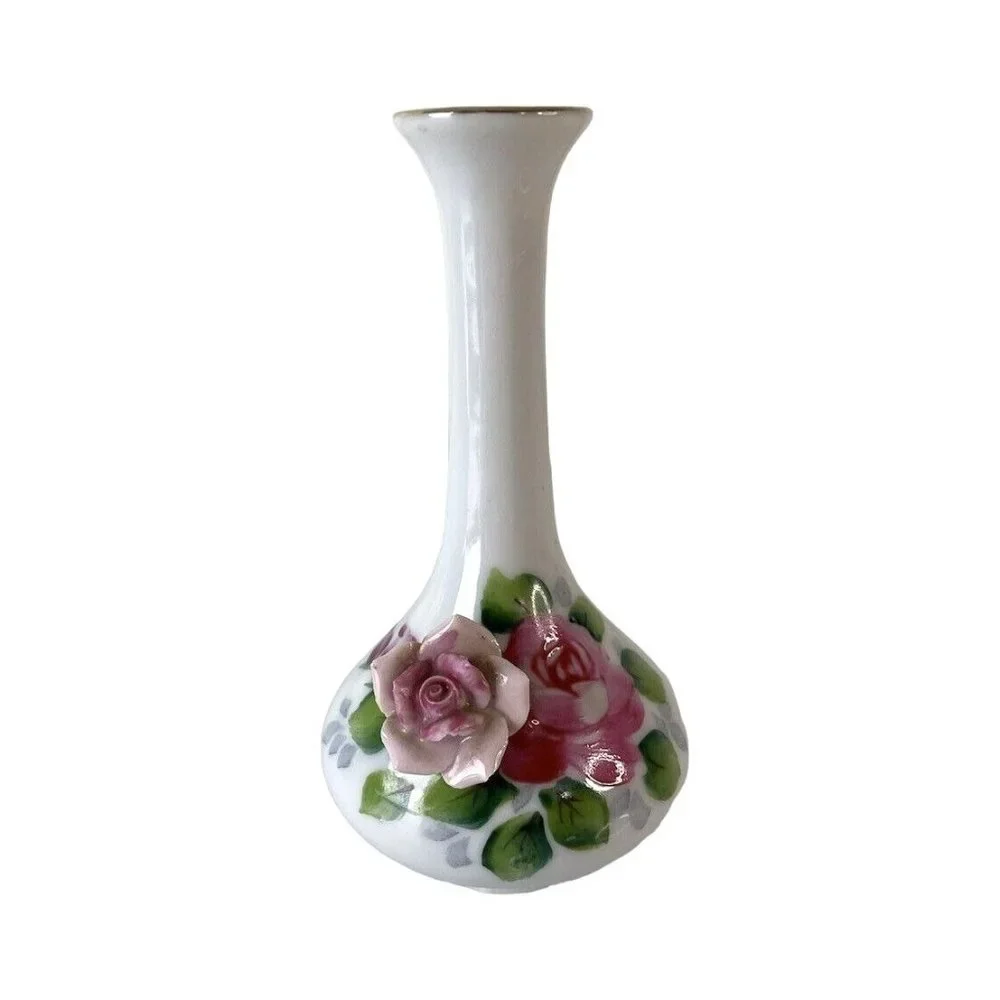 Vintage Made in Occupied Japan Vase w/ 3D Rose Small Bud Vase 4.75” Home Decor